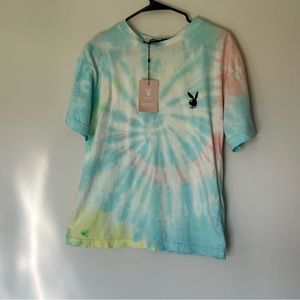 NEW PlayBoy x Missguided Blue Rainbow Pastel Tie-Dye Oversized T-Shirt - Medium